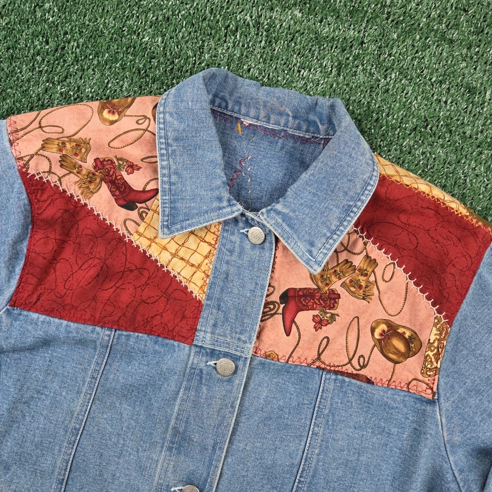 Crossroads Western Patchwork Denim Jacket Blue Me… - image 2